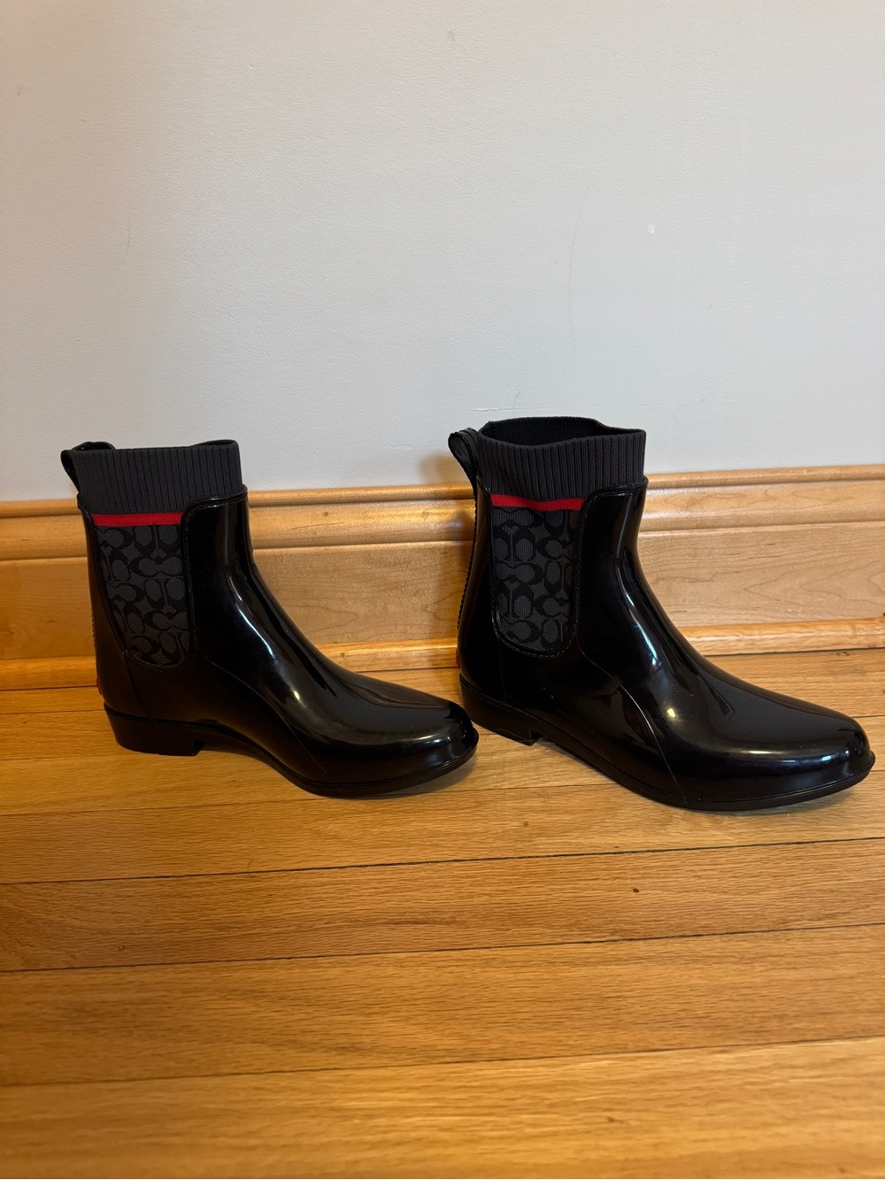 Coach Black Patent Rain Chelsea Boots with Red Accent - Picture 3 of 7
